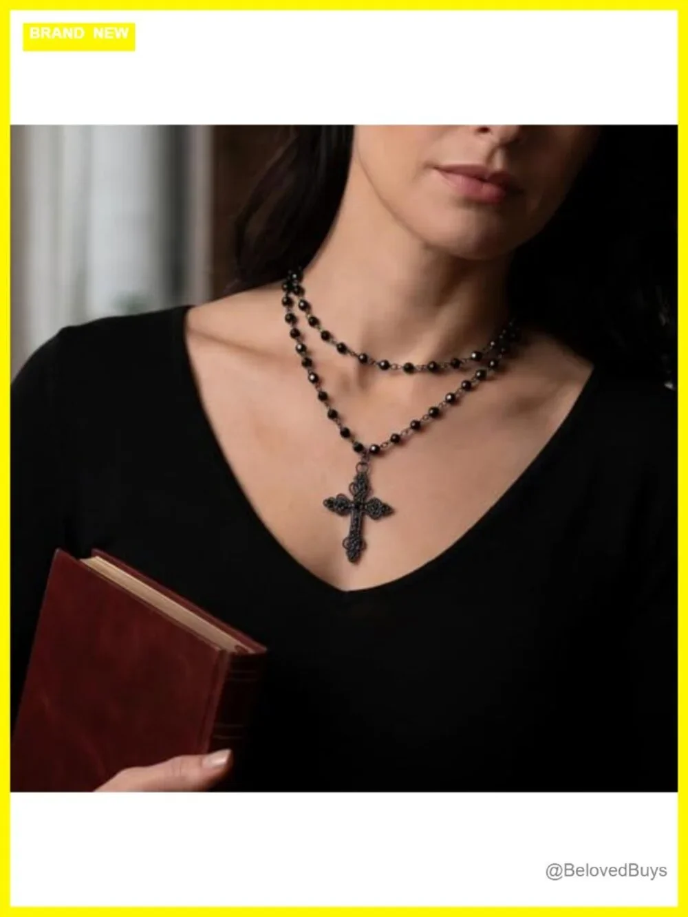 Layered Cross Pendant Necklace Rosary Beaded Chain Gothic Statement